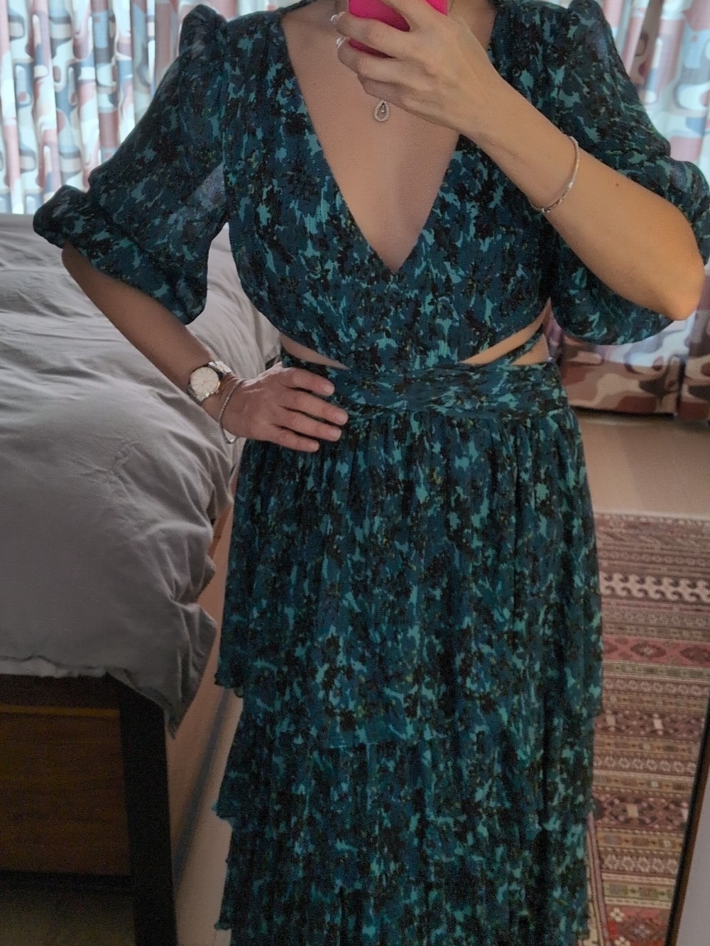 LIKELY - Deep Teal Floral V-Neck Tiered Maxi Dress - Picture 2 of 7